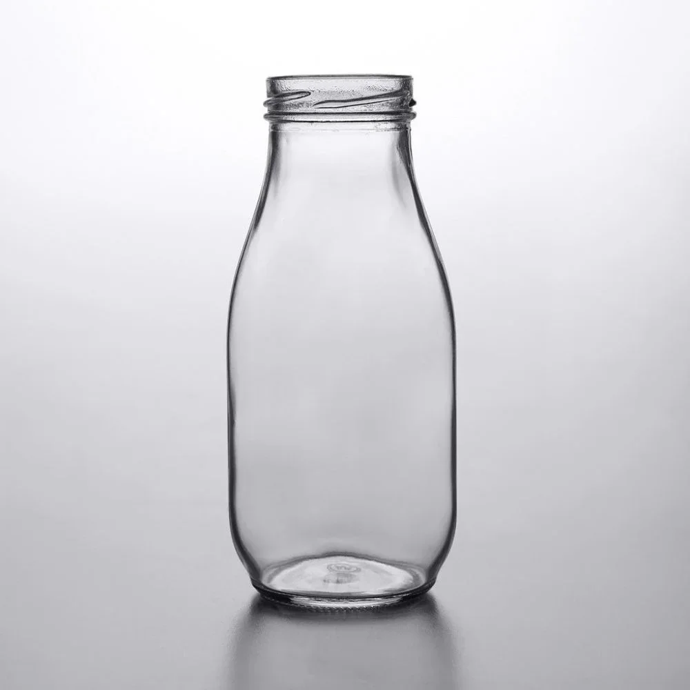 Set of 4 ~ 14 oz Glass Milk Bottle with White Lid